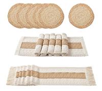 Denique Boho Placemats Set of 6 - Handmade Grass Woven Meal Mats and Natural Cotton Linen Burlap, with 1 Macrame Burlap Table Runner 12x70inch, Table Mats Set for Dining Table Kitchen