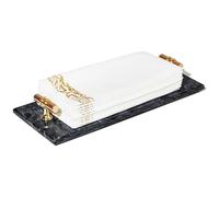 Denique Guest Towel Holder for Bathroom - 12" Marble Tray, Paper Napkin and Hand Towel Organizer, Countertop Vanity Decorative Tray with Gold Handles (Gray)