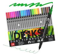 DENKSY 24 Dual Tip Watercolor Markers Brush Pens and Fineliner Set - Water-Based, Double-Ended Art Markers for Drawing, Calligraphy, Sketching and Journaling - 2mm Line Width, 24 Vivid Colours