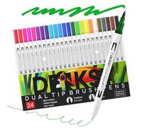 DENKSY 24 Dual Tip Watercolour Markers Brush Pens and Fineliner Set - Water-Based, Double-Ended Art Markers for Drawing, Calligraphy, Sketching and Journaling - 2mm Line Width, 24 Vivid Colours