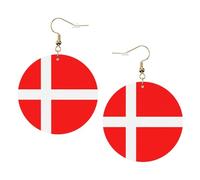 Denmark Danish Flag Round Leather Earrings Gold, Double-Side Printed Drop Dangle Jewelry for Women, for Festival Party Gift