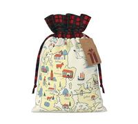 Denmark Map With Various Print Burlap Plaid Gift Bag, Holiday Drawstring Gift Bags,Party Favor Pouchs, Jewelry Pouch