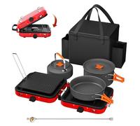 Denmay Foldable Double Camping Stove, 2 Burner Propane Stove with Carry Bag, 20000 BTU High Power, Includes Frying Pan, Pot, Kettle & Grill Plate, Portable for Outdoor Camping, BBQ, Picnic (Red)