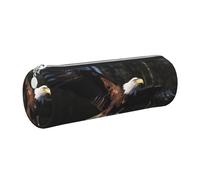 DENMER 3D Bald Eagle Printed Leather Pencil Case Cute Stationery Organizer Round Makeup Bag Pen Pouch, Silver Zipper