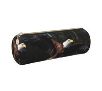 DENMER 3D Bald Eagle Printed Leather Pencil Case Cute Stationery Organizer Round Makeup Bag Pen Pouch, Gold Zipper