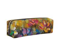 DENMER Abstract Style Colorful Flowers Printed Leather Pencil Case Cute Stationery Organizer Simple Makeup Bag Pen Pouch, Gold Zipper