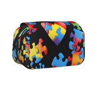 DENMER Autism Awareness Puzzle Pieces Heart Printed Flip Pencil Case with 2 Compartments, Large Capacity, Portable Stationery Organizer for School, Travel and Art