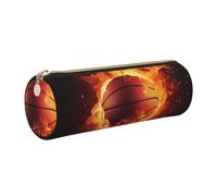 DENMER Basketball on Fire Flame Splashing Printed Leather Pencil Case Cute Stationery Organizer Round Makeup Bag Pen Pouch, Gold Zipper