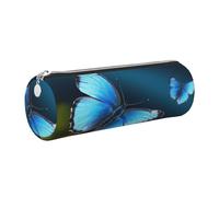 DENMER Beautiful Blue Butterfly Printed Leather Pencil Case Cute Stationery Organizer Round Makeup Bag Pen Pouch, Silver Zipper