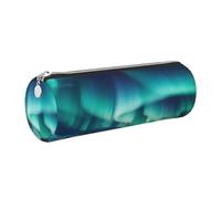 DENMER Beautiful Northern Lights Printed Leather Pencil Case Cute Stationery Organizer Round Makeup Bag Pen Pouch, Silver Zipper