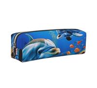 DENMER Beautiful Underwater World Dolphins Coral Printed Leather Pencil Case Cute Stationery Organizer Simple Makeup Bag Pen Pouch, Silver Zipper