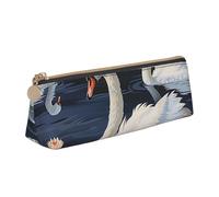 DENMER Beautiful White Swans on The Lake Printed Zipper Pencil Case Cute Stationery Organizer PVC Leather Triangle Makeup Bag Pen Pouch