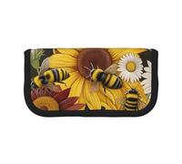 DENMER Bees Sunflowers Rose Flowers Printed Canvas Pencil Case, Spacious Pen Pouch for School, Office and Travel