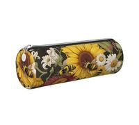 DENMER Bees Sunflowers Rose Flowers Printed Leather Pencil Case Cute Stationery Organizer Round Makeup Bag Pen Pouch, Silver Zipper