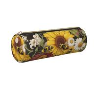 DENMER Bees Sunflowers Rose Flowers Printed Leather Pencil Case Cute Stationery Organizer Round Makeup Bag Pen Pouch, Gold Zipper
