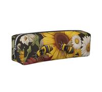 DENMER Bees Sunflowers Rose Flowers Printed Leather Pencil Case Cute Stationery Organizer Simple Makeup Bag Pen Pouch, Silver Zipper