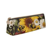 DENMER Bees Sunflowers Rose Flowers Printed Zipper Pencil Case Cute Stationery Organizer PVC Leather Triangle Makeup Bag Pen Pouch