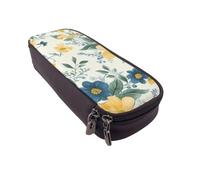 DENMER Blue Flower Yellow Floral Pattern Printed Leather Flip Pencil Case - Multifunctional Organizer for School, Office & Travel