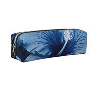DENMER Blue Hibiscus Printed Leather Pencil Case Cute Stationery Organizer Simple Makeup Bag Pen Pouch, Silver Zipper