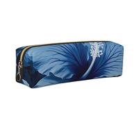 DENMER Blue Hibiscus Printed Leather Pencil Case Cute Stationery Organizer Simple Makeup Bag Pen Pouch, Gold Zipper