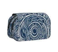 DENMER Blue Polynesian Maori Tribal Pattern Printed Flip Pencil Case with 2 Compartments, Large Capacity, Portable Stationery Organizer for School, Travel and Art