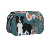 DENMER Border Collie Florals Printed Flip Pencil Case with 2 Compartments, Large Capacity, Portable Stationery Organizer for School, Travel and Art