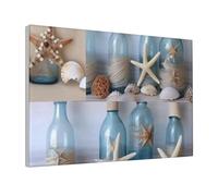 DENMER Bottle Seashell Printed Wood Frame Canvas Wall Art 30x20 CM - Handmade Framing Wall Decor for Bedroom, Living Room, Office