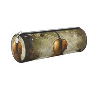 DENMER Butterfly and Cello Printed Leather Pencil Case Cute Stationery Organizer Round Makeup Bag Pen Pouch, Silver Zipper