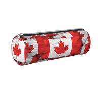 DENMER Canadian Flag Printed Leather Pencil Case Cute Stationery Organizer Round Makeup Bag Pen Pouch, Silver Zipper