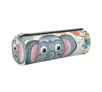 DENMER Cartoon Elephant and Owls Floral Printed Leather Pencil Case Cute Stationery Organizer Round Makeup Bag Pen Pouch, Silver Zipper