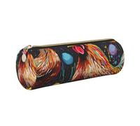 DENMER Chicken Print Printed Leather Pencil Case Cute Stationery Organizer Round Makeup Bag Pen Pouch, Gold Zipper