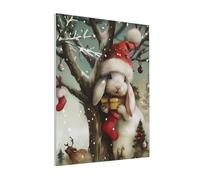 DENMER Christmas Rabbit Bunny Printed Solid Wood Frame Canvas Wall Art 40x50 CM - Handmade Framing Square Wall Decor for Bedroom, Living Room, Office