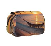 DENMER Coconut Beach Sunset Hammock Printed Flip Pencil Case with 2 Compartments, Large Capacity, Portable Stationery Organizer for School, Travel and Art