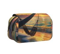 DENMER Coconut Beach Sunset Hammock Printed Flip Pencil Case with 2 Compartments, Large Capacity, Portable Stationery Organizer for School, Travel and Art