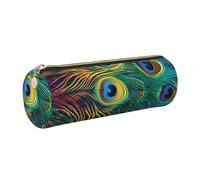 DENMER Colored Peacock Printed Leather Pencil Case Cute Stationery Organizer Round Makeup Bag Pen Pouch, Gold Zipper