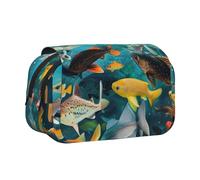 DENMER Colorful Fishes Printed Flip Pencil Case with 2 Compartments, Large Capacity, Portable Stationery Organizer for School, Travel and Art