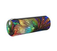DENMER Colorful Rainbow Butterfly Printed Leather Pencil Case Cute Stationery Organizer Round Makeup Bag Pen Pouch, Silver Zipper