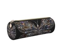 DENMER Colorful Rhinestone Butterfly Printed Leather Pencil Case Cute Stationery Organizer Round Makeup Bag Pen Pouch, Gold Zipper