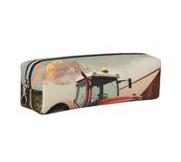 DENMER Company Farm Tractor Printed Leather Pencil Case Cute Stationery Organizer Simple Makeup Bag Pen Pouch, Silver Zipper