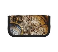 DENMER Compass and Old World Map Printed Canvas Pencil Case, Spacious Pen Pouch for School, Office and Travel