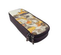 DENMER Construction Trucks Printed Leather Flip Pencil Case - Multifunctional Organizer for School, Office & Travel