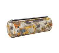 DENMER Construction Trucks Printed Leather Pencil Case Cute Stationery Organizer Round Makeup Bag Pen Pouch, Silver Zipper