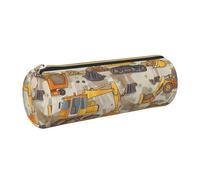 DENMER Construction Trucks Printed Leather Pencil Case Cute Stationery Organizer Round Makeup Bag Pen Pouch, Gold Zipper