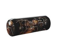 DENMER Cool Drum Set Printed Leather Pencil Case Cute Stationery Organizer Round Makeup Bag Pen Pouch, Silver Zipper