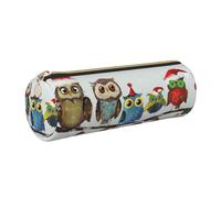 DENMER Cute Christmas Owls on Branch Printed Leather Pencil Case Cute Stationery Organizer Round Makeup Bag Pen Pouch, Gold Zipper