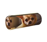 DENMER Cute Depressed Chihuahua Printed Leather Pencil Case Cute Stationery Organizer Round Makeup Bag Pen Pouch, Gold Zipper