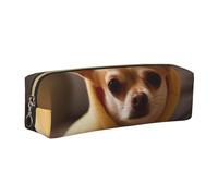 DENMER Cute Depressed Chihuahua Printed Leather Pencil Case Cute Stationery Organizer Simple Makeup Bag Pen Pouch, Gold Zipper