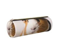 DENMER Cute Guinea Pig Wearing Flowers Printed Leather Pencil Case Cute Stationery Organizer Round Makeup Bag Pen Pouch, Gold Zipper