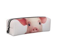 DENMER Cute Pig Printed Leather Pencil Case Cute Stationery Organizer Simple Makeup Bag Pen Pouch, Silver Zipper