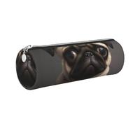 DENMER Cute Pretty Pug Dog Printed Leather Pencil Case Cute Stationery Organizer Round Makeup Bag Pen Pouch, Silver Zipper